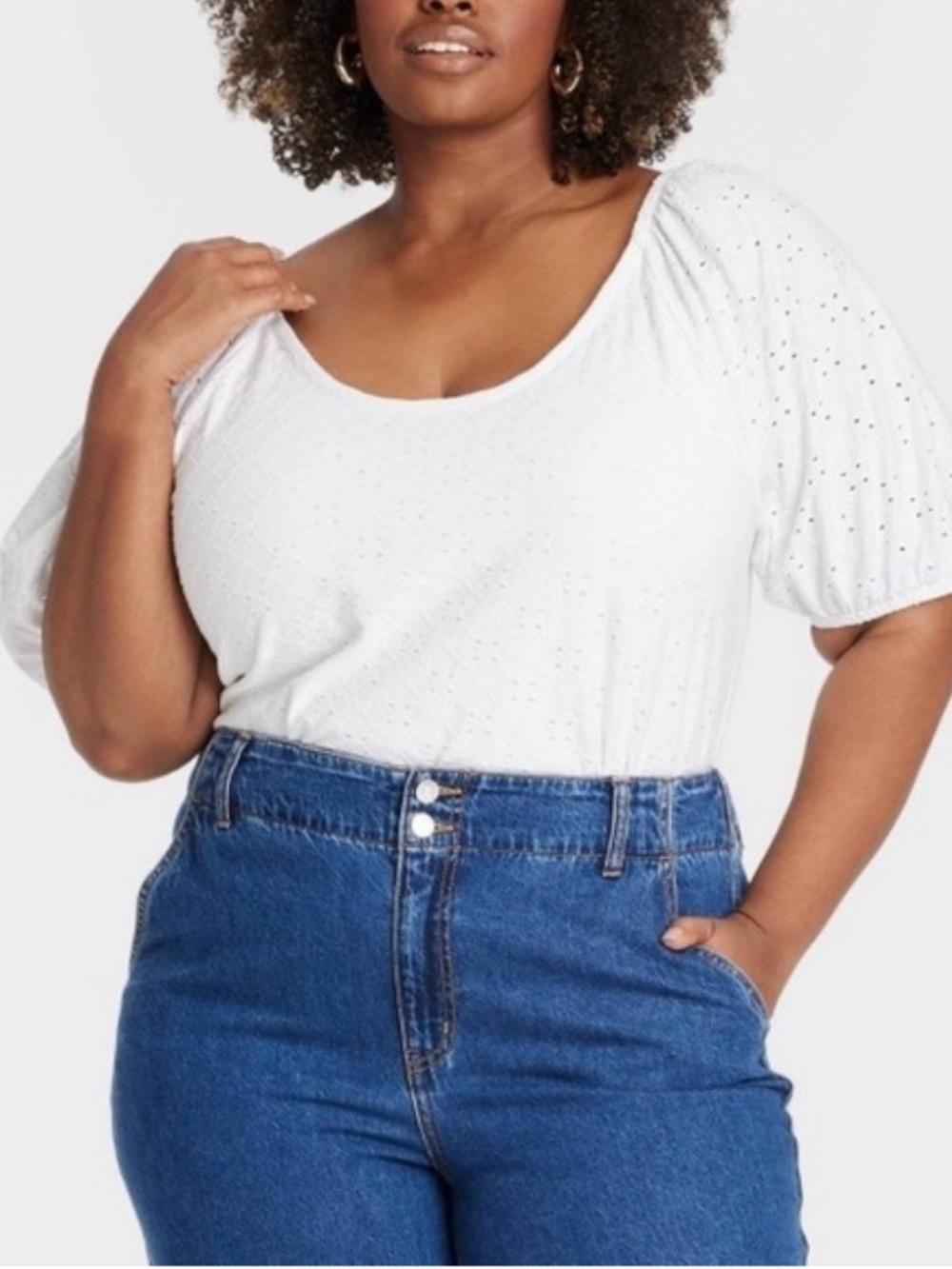 Ava & Viv Eyelet Puff Sleeve Peasant Top Cotton White Boho Cottagecore 3X